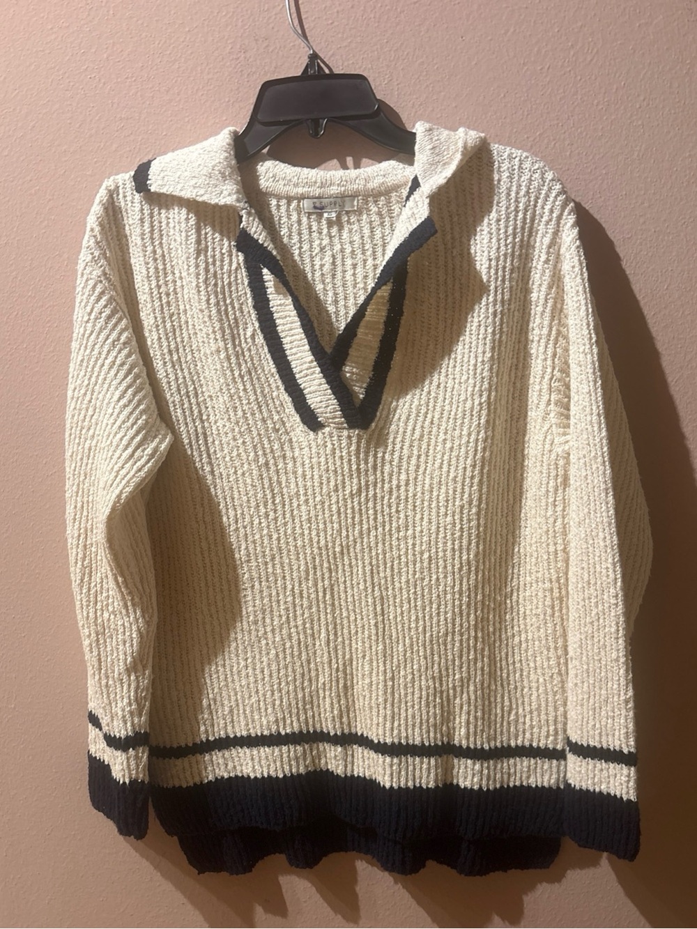 Z Supply Varsity Stripe Collared V-Neck Sweater Cream Navy XS